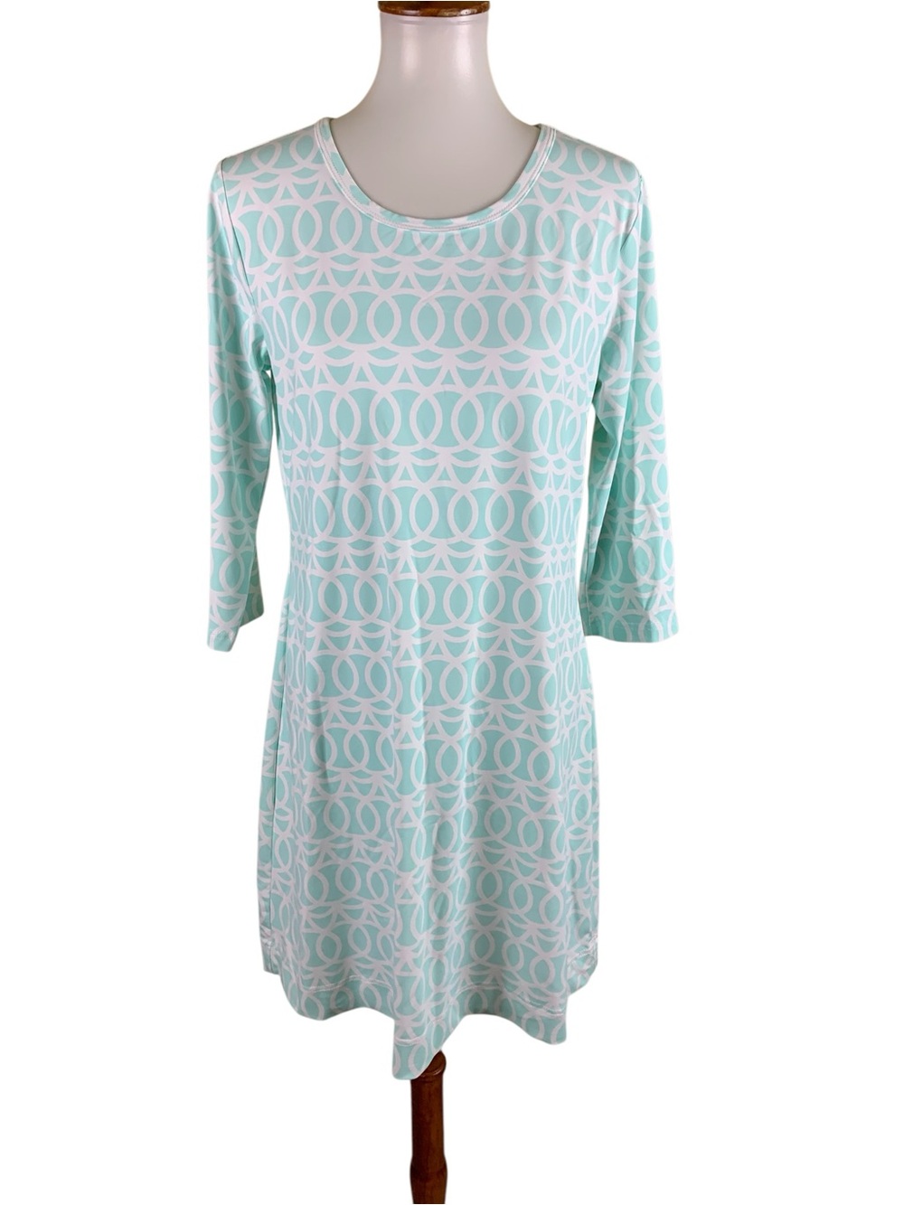 Lulu B Mint White Geometric Print Swing Dress 3/4 Sleeve Stretch Small